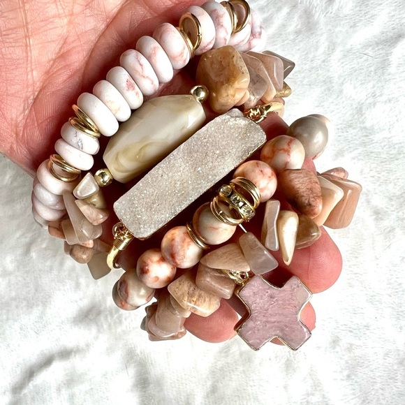 Pink Zebra Druzy Cross 5 Mala Bracelet Stack Set - Picture 2 of 6